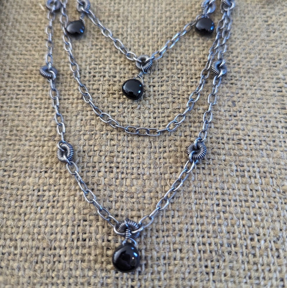 Silpada Oxidized 925 Sterling Silver Black Chalcedony 3 Tier Dangle Drop Necklac